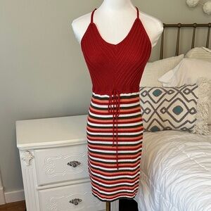 Candie's Boho Crocheted Red Coral Green Cream Striped Bottom Summer Dress Size S